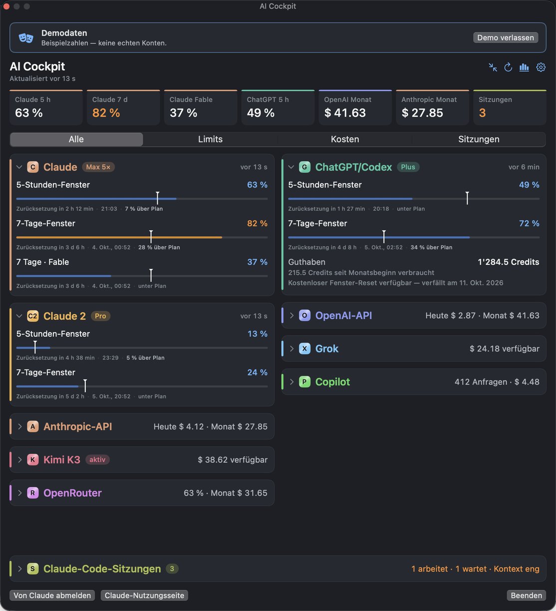 AI Cockpit-Dashboard: Karten mit Zeitmarke, über oder unter Plan, Codex-Guthaben in Credits — Beispielwerte
