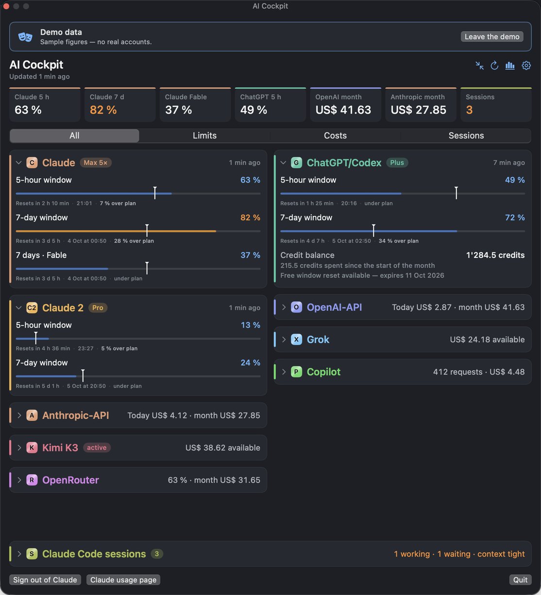 AI Cockpit dashboard: cards with time markers, over or under plan, Codex credits in credits — demo figures
