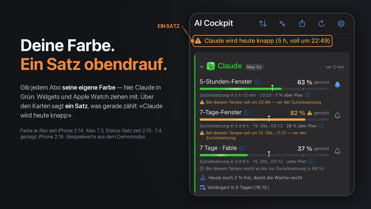 Die iPhone-App im Demomodus mit der Claude-Karte in eigenem Grün, unter dem Satz «Claude wird heute knapp (5 h, voll um 22:49)», neben der Schlagzeile «Deine Farbe. Ein Satz obendrauf.»