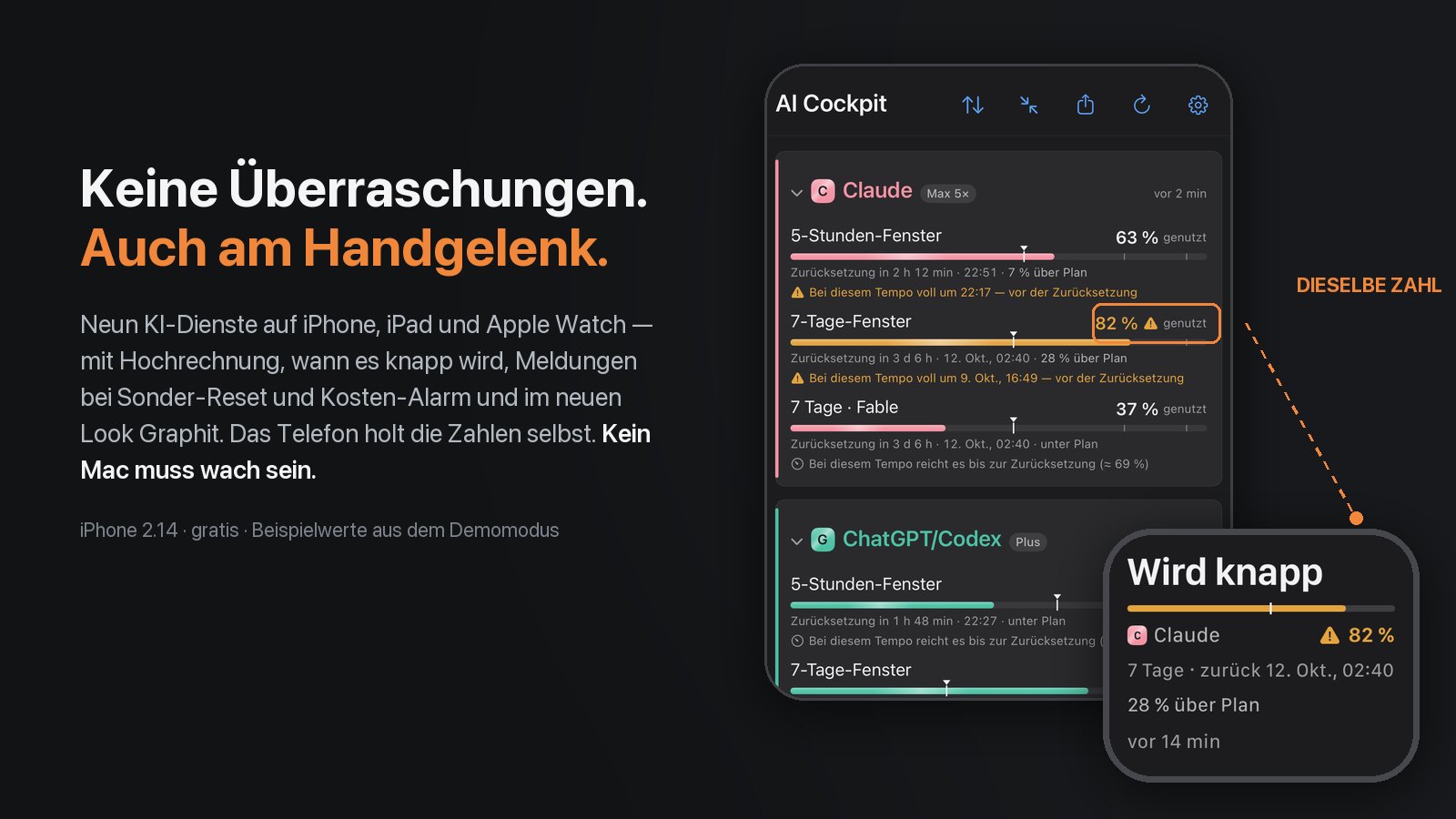 Dieselbe Claude-Zahl, 82 Prozent des 7-Tage-Fensters, in der iPhone-App und auf der Apple Watch