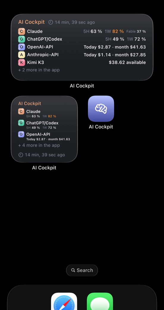 AI Cockpit Mobile — Homescreen-Widgets, eine Zeile je Dienst