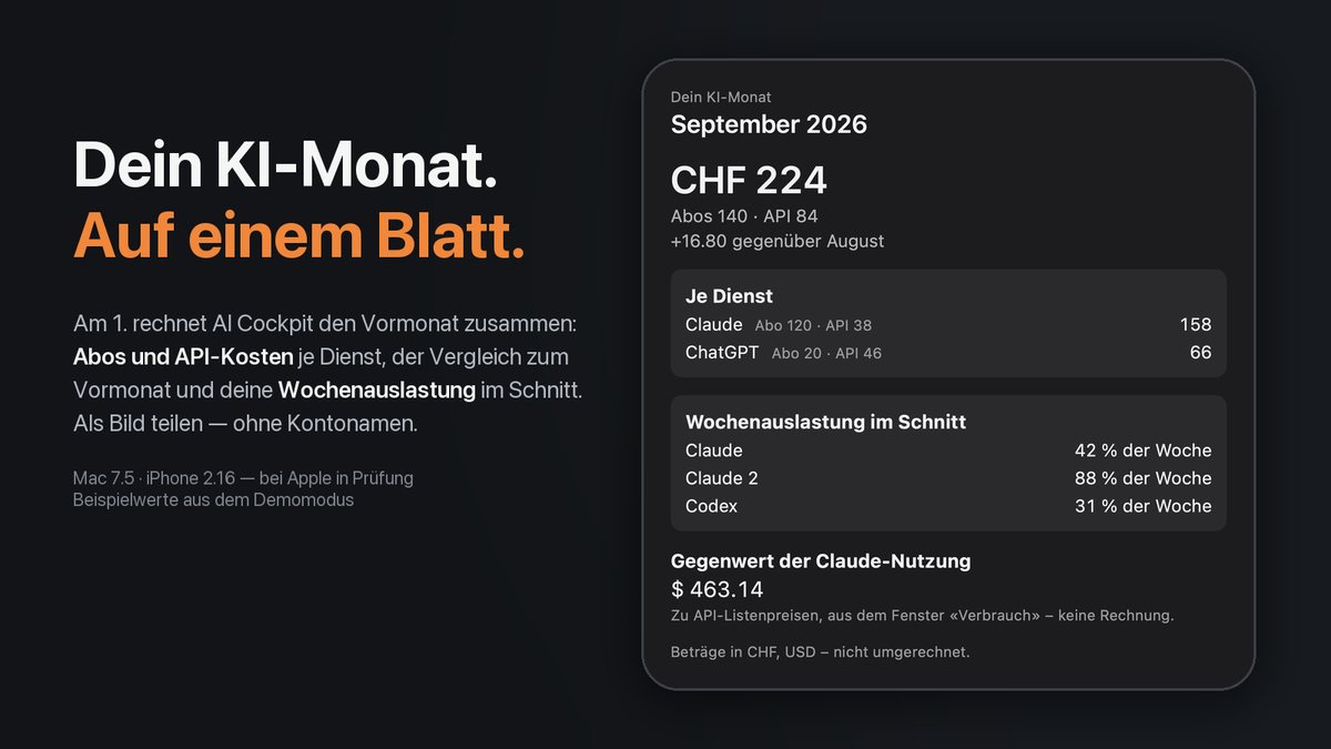 Das Blatt «Dein KI-Monat» für September 2026 im Demomodus: CHF 224 gesamt, aufgeteilt in Abos und API, Kosten je Dienst, Wochenauslastung je Abo und der Gegenwert der Claude-Nutzung zu API-Listenpreisen, neben der Schlagzeile «Dein KI-Monat. Auf einem Blatt.»