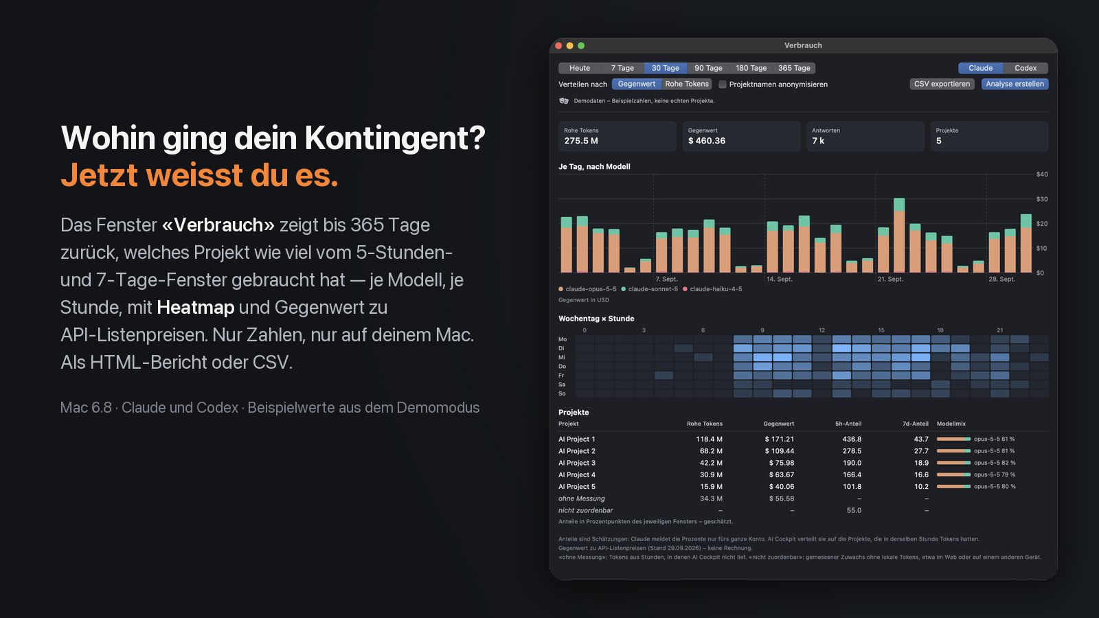 Fenster «Verbrauch» am Mac mit Tagesbalken je Modell, Heatmap nach Wochentag und Stunde und Projekttabelle mit Anteilen am 5-Stunden- und 7-Tage-Fenster