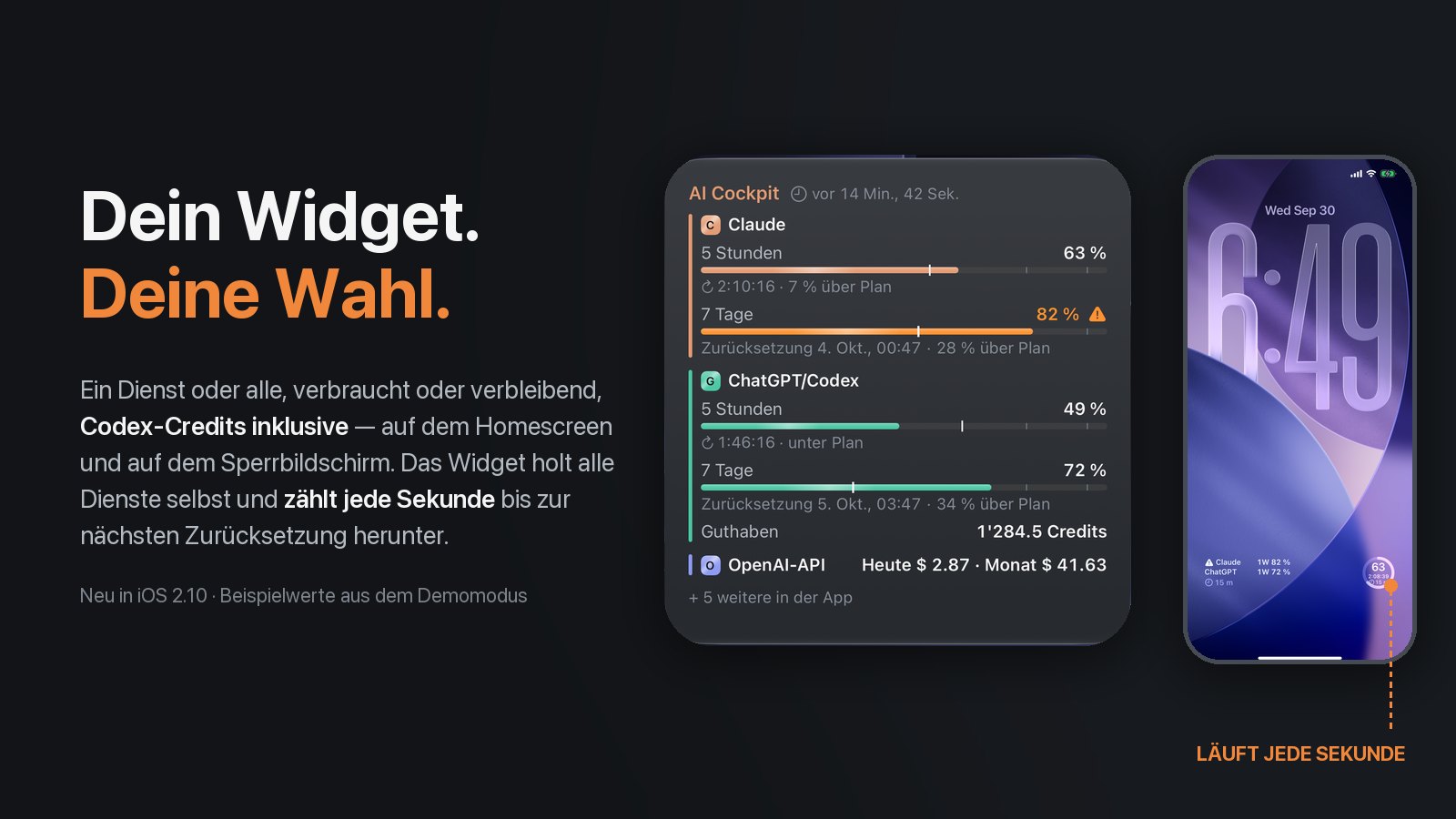 Grosses Homescreen-Widget mit Zeitmarken, Countdowns und Codex-Guthaben, daneben ein Sperrbildschirm mit rundem Widget, das herunterzählt