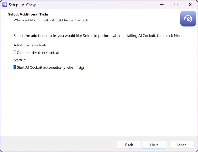 The Windows installer on the page Select Additional Tasks, with “Start AI Cockpit automatically when I sign in” ticked and “Create a desktop shortcut” unticked